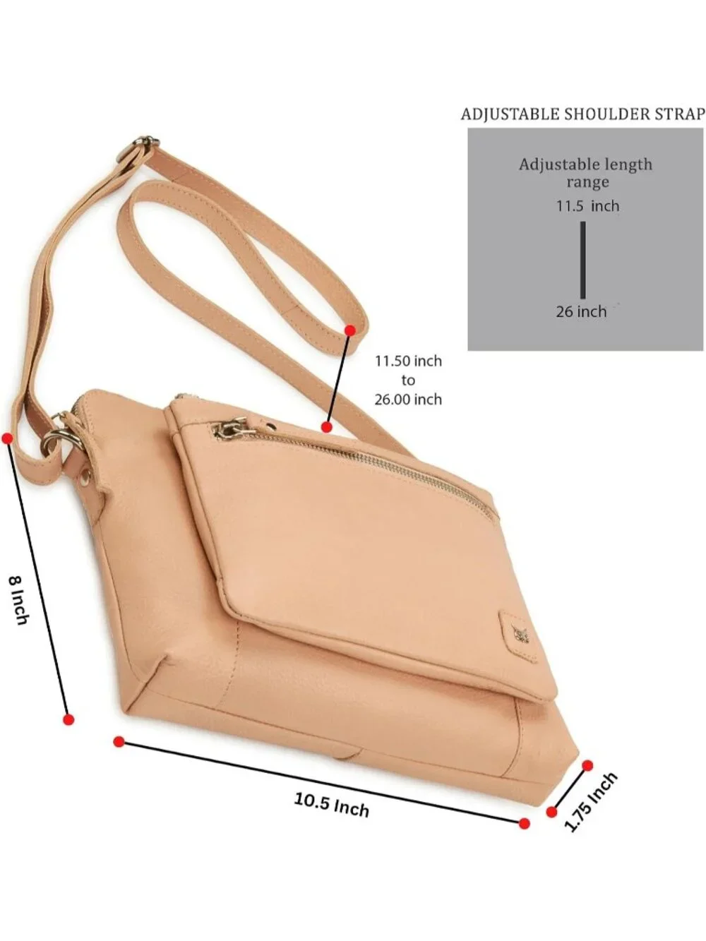 Women's Nude Genuine Leather Sling Purse with Adjustable Strap Crossbody bag